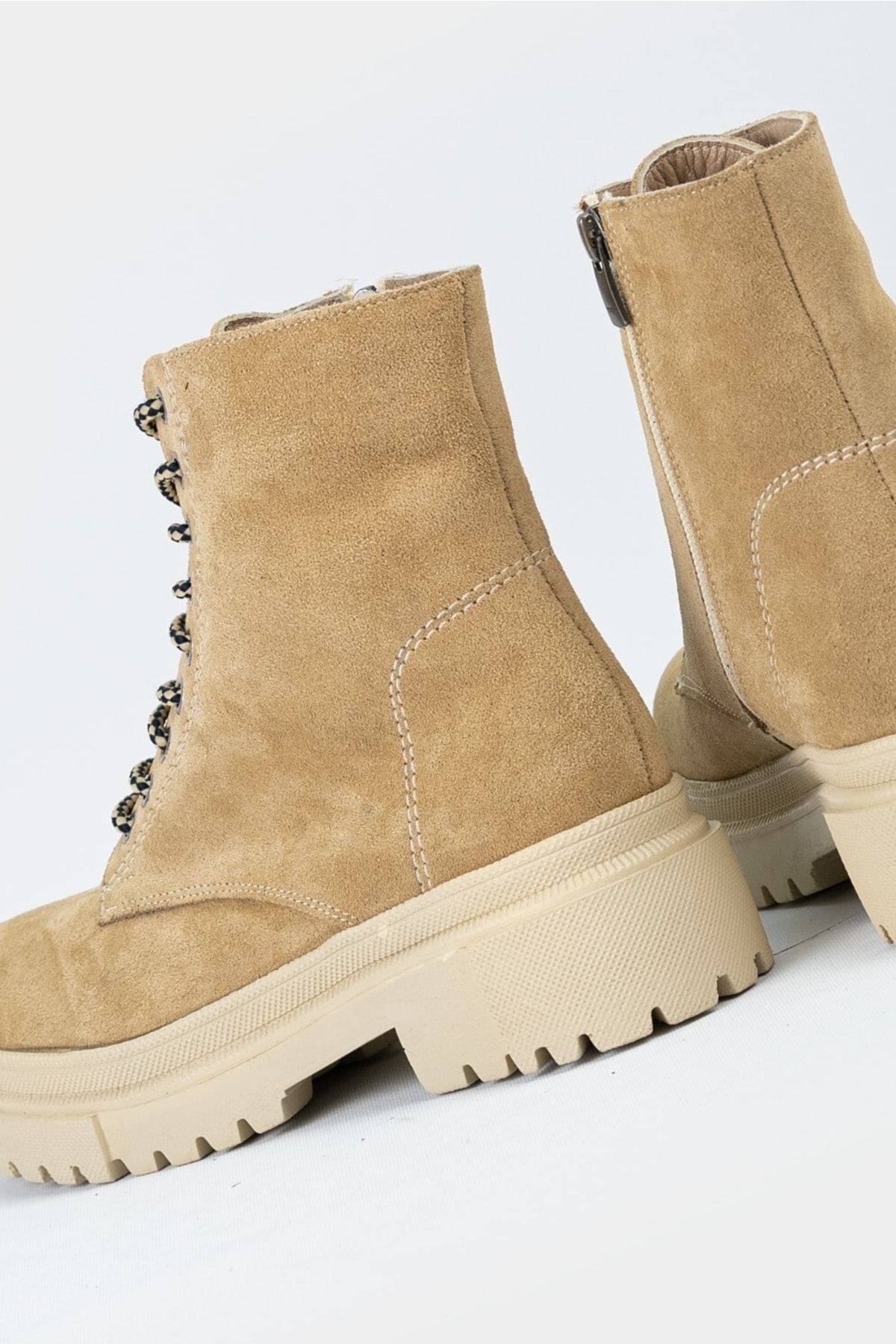 Kadın Bej Süet Hakiki Deri 35-41 Bağcıklı Bot & Bootie