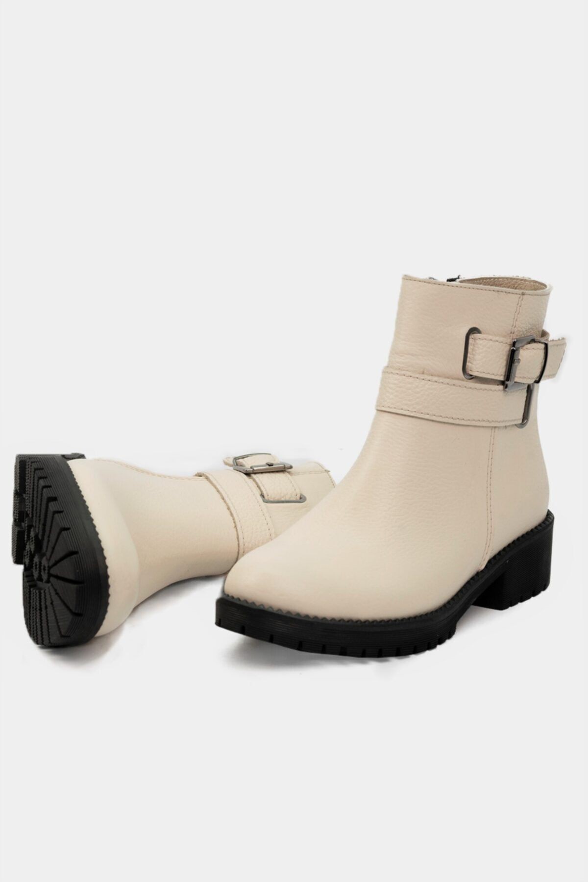 Kadın Bej Hakiki Deri Bot & Bootie