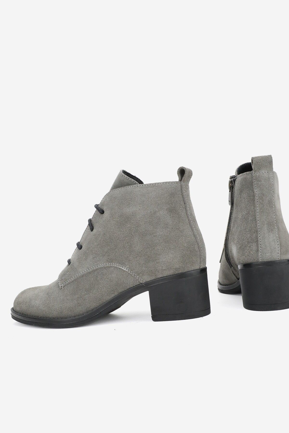 KADIN GRİ SÜET HAKİKİ DERİ 36-41 NUMARA KISA TOPUKLU BAĞCIKLI BOT & BOOTİE