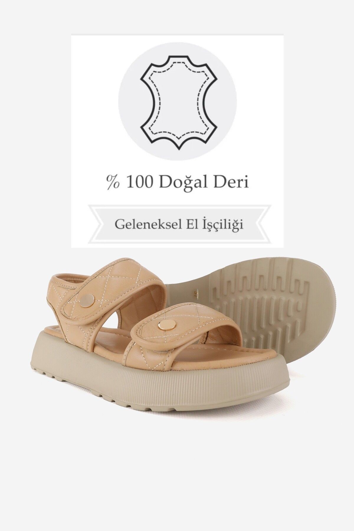 KADIN BEJ RUGAN HAKİKİ DOĞAL DERİ KISA TOPUKLU DÜZ SANDALET