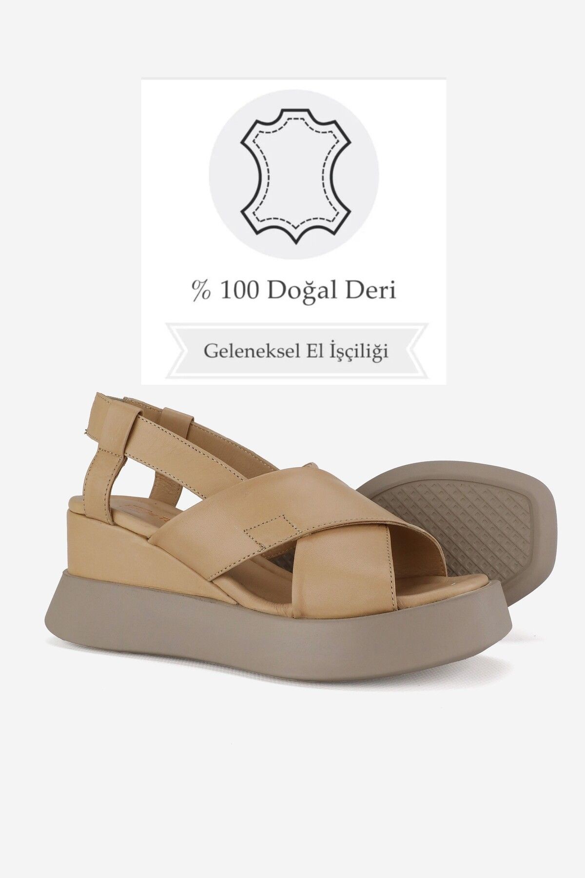 Kadın Bej Hakiki Doğal Deri Dolgu Topuklu Sandalet