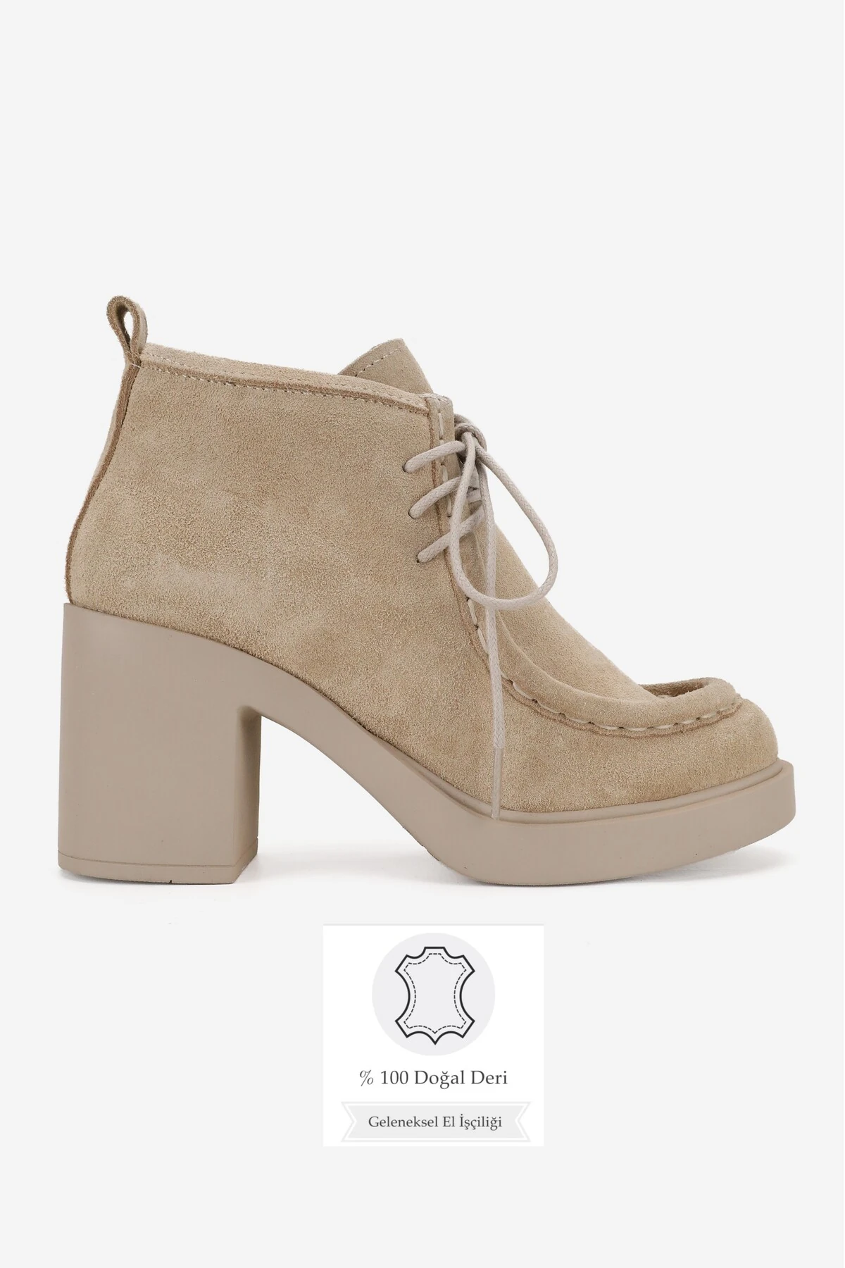 KADIN BEJ SÜET HAKİKİ DERİ 36-41 NUMARA KALIN TOPUKLU BAĞCIKLI BİLEKTE BOT