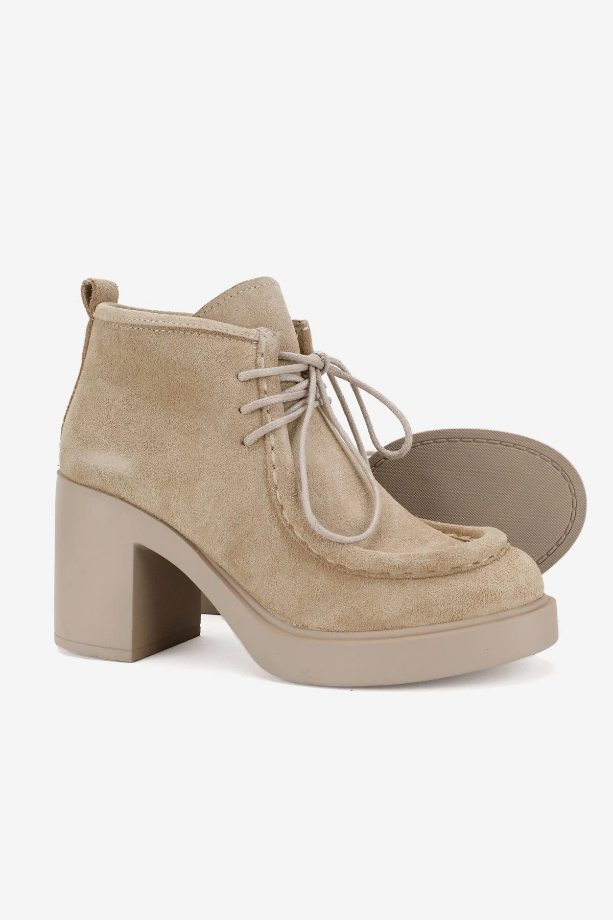 KADIN BEJ SÜET HAKİKİ DERİ 36-41 NUMARA KALIN TOPUKLU BAĞCIKLI BİLEKTE BOT