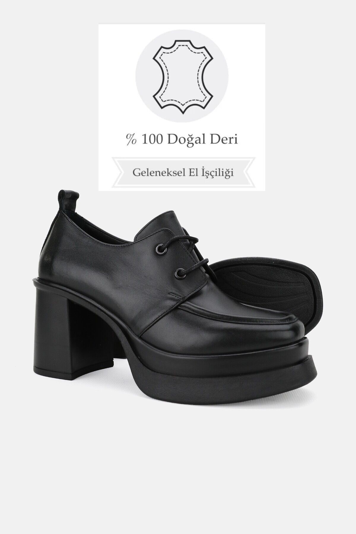 KADIN SİYAH HAKİKİ DOĞAL DERİ YÜKSEK TOPUKLU PLATFORMLU BAĞCIKLI AYAKKABI