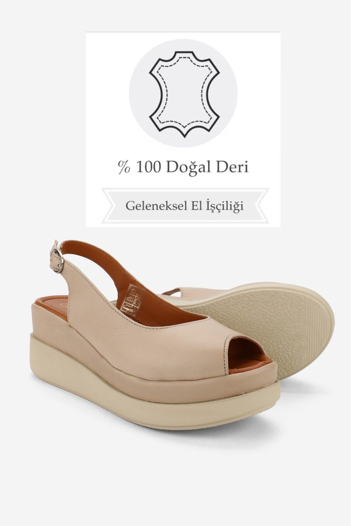 KADIN BEJ HAKİKİ DOĞAL DERİ DOLGU TOPUKLU SANDALET