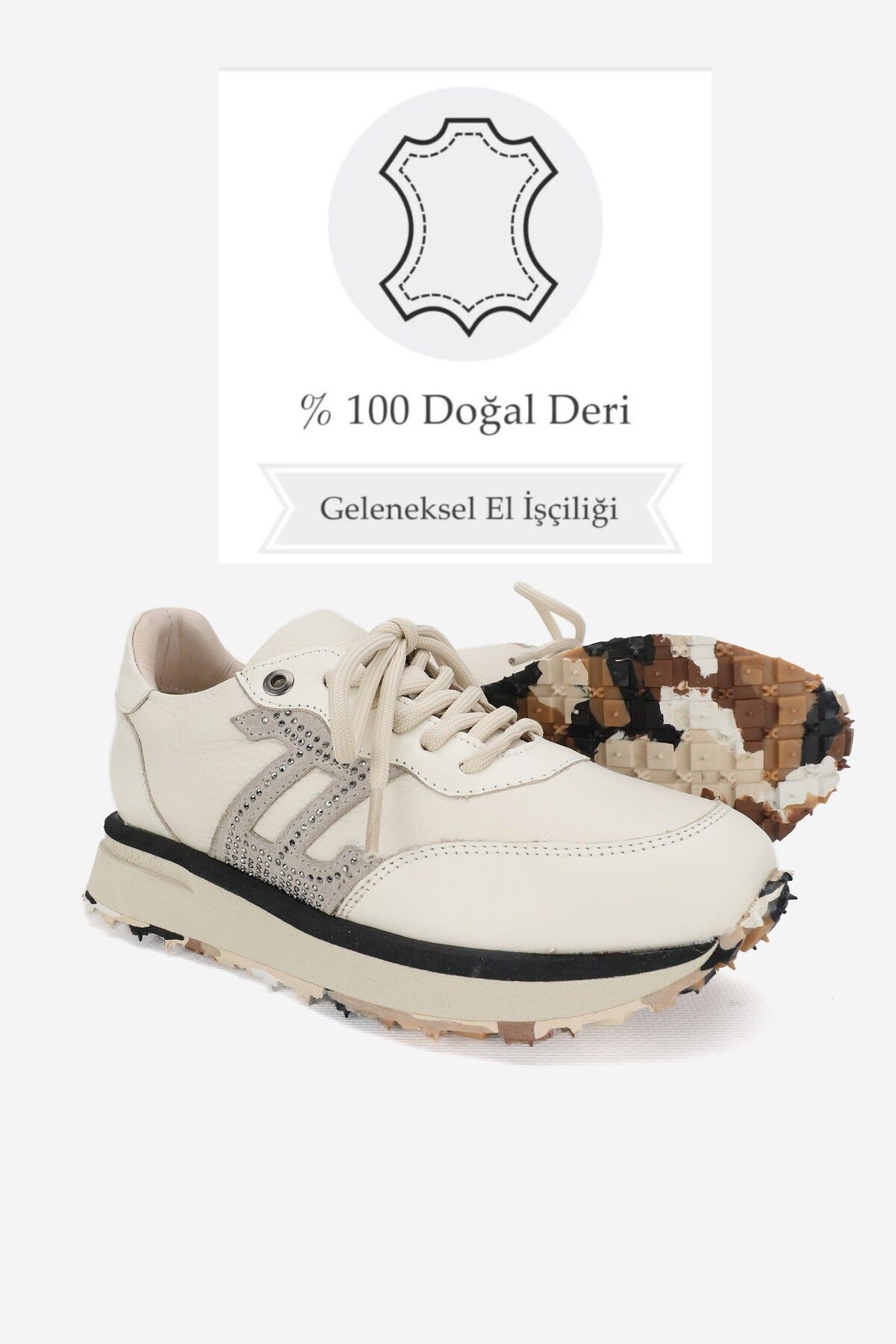 KADIN BEJ HAKİKİ DOĞAL DERİ BAĞCIKLI SNEAKER CASUAL AYAKKABI