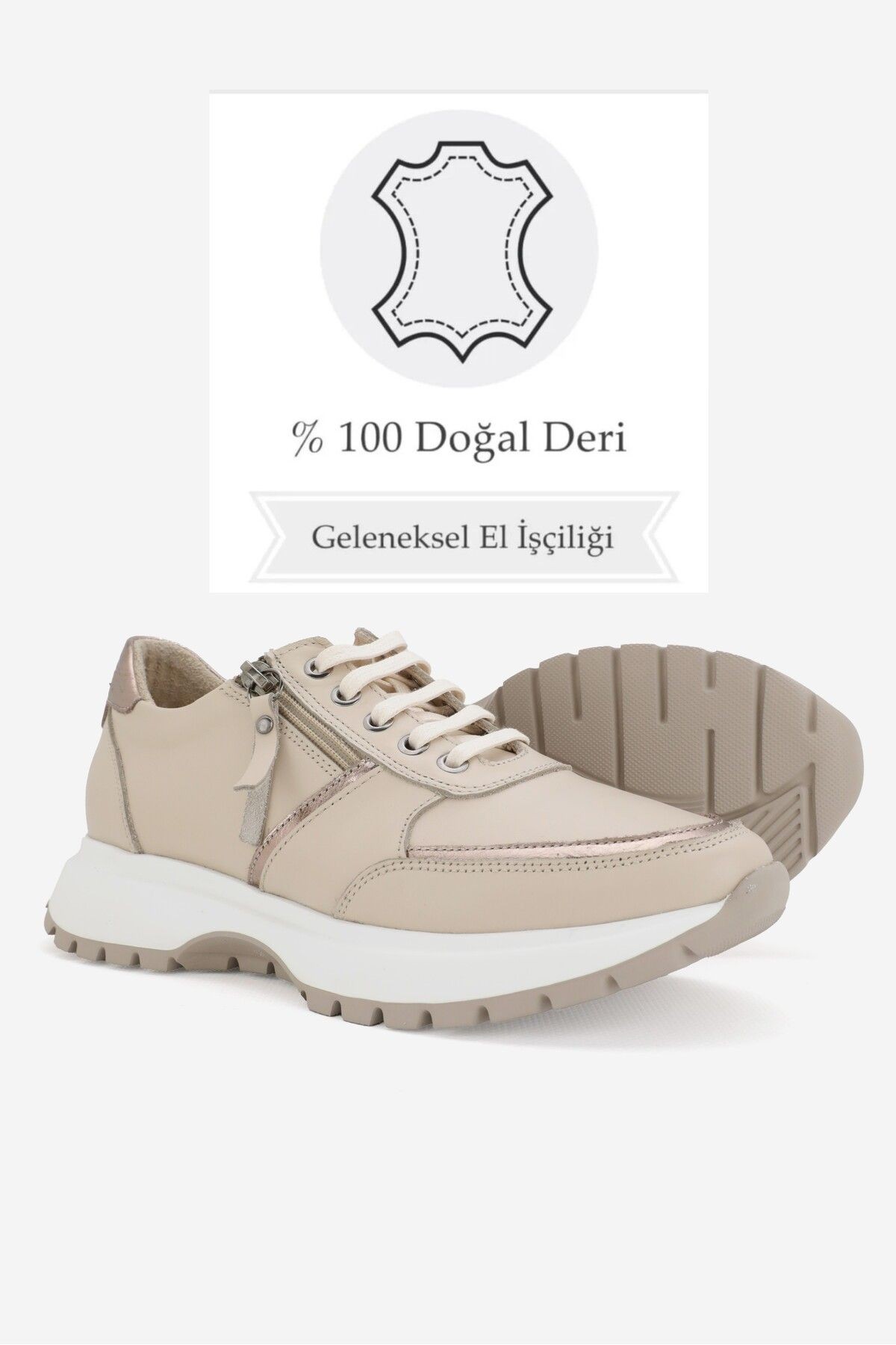 KADIN BEJ HAKİKİ DOĞAL DERİ BAĞCIKLI SNEAKER CASUAL AYAKKABI