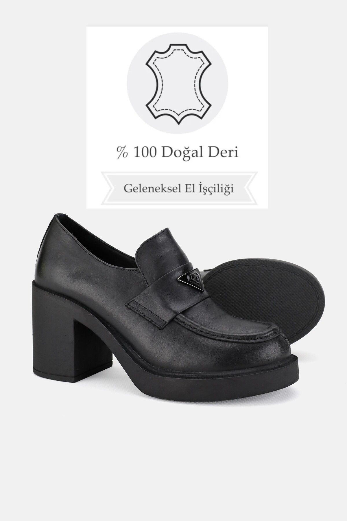 KADIN SİYAH MAT HAKİKİ DOĞAL DERİ 36-41 NUMARA YÜKSEK TOPUKLU LOAFER AYAKKABI