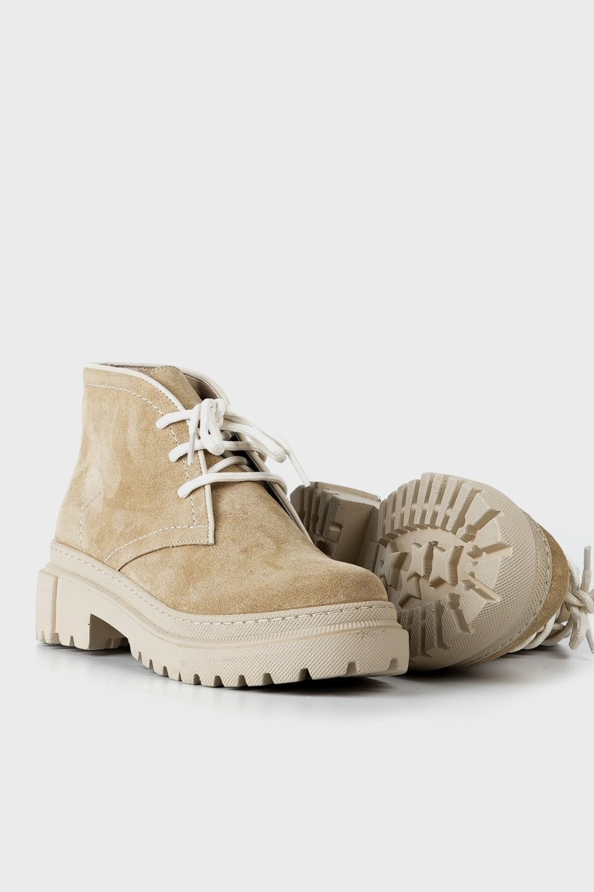 Kadın Bej Süet Hakiki Deri 35-41 Bağcıklı Bot & Bootie