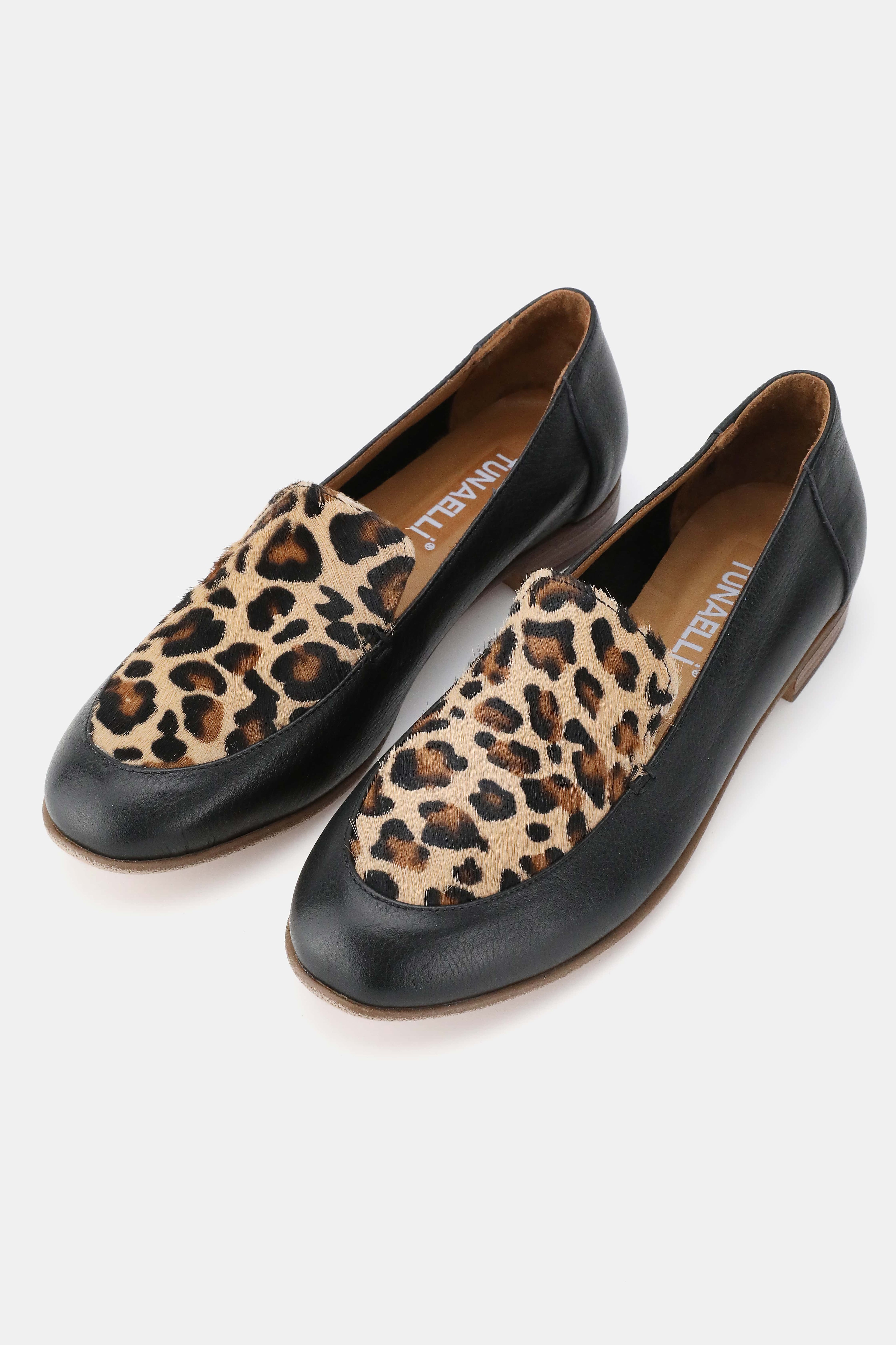 Tunaelli Siyah Deri Leopar Desenli Loafer Ayakkabı