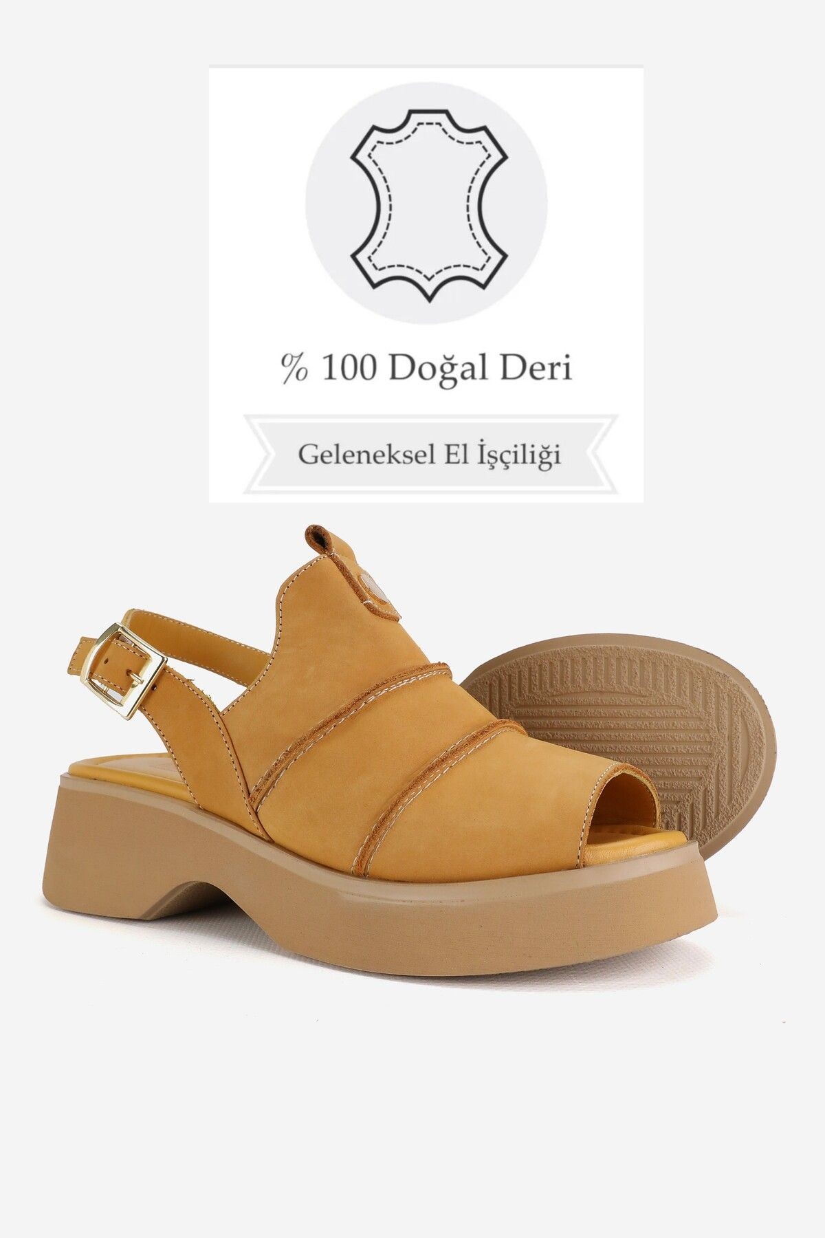 KADIN SARI NUBUK HAKİKİ DOĞAL DERİ KISA TOPUKLU SANDALET
