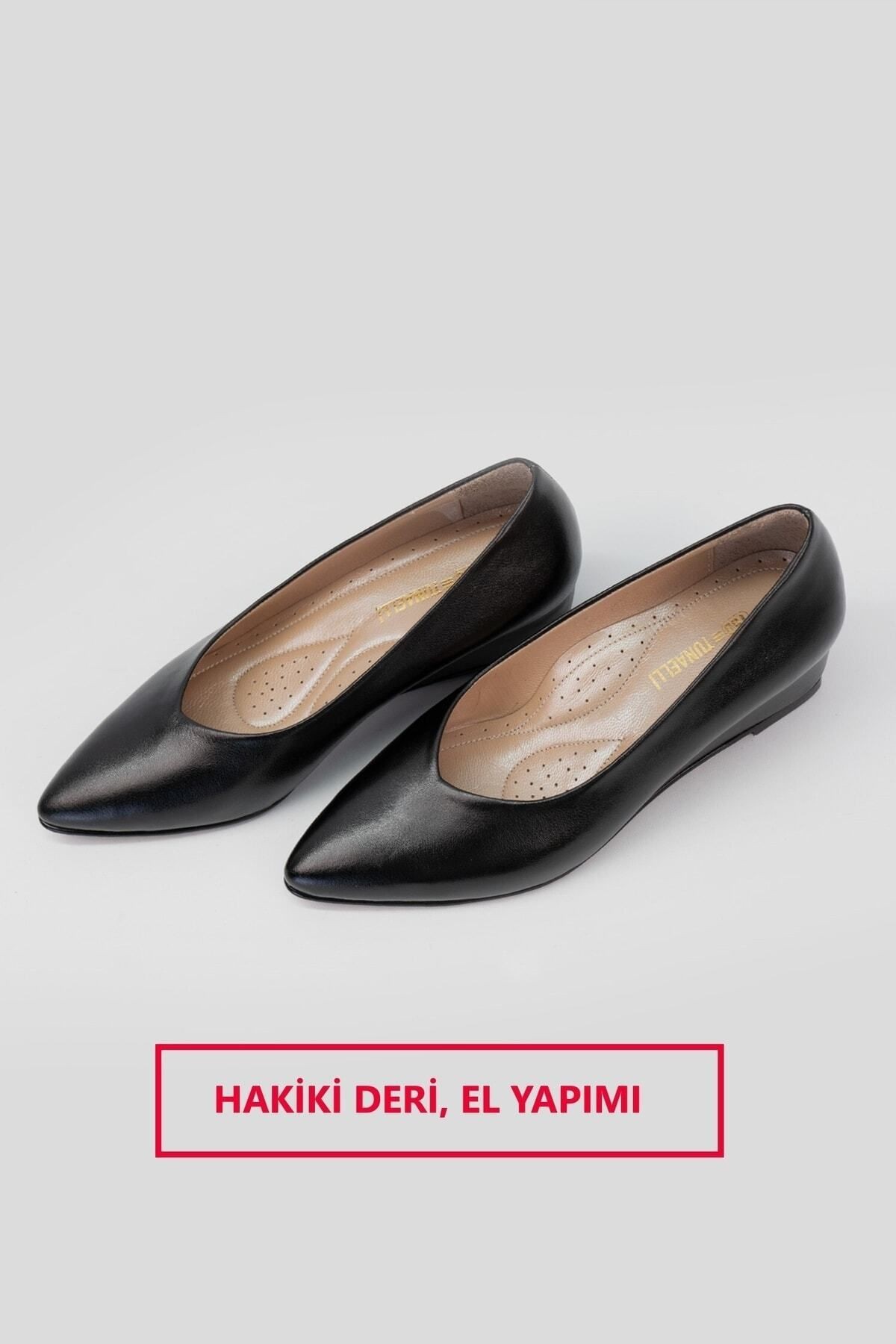 Kadın Siyah Hakiki Deri 34-35-41-42 Numara Dolgu Topuklu Ayakkabı
