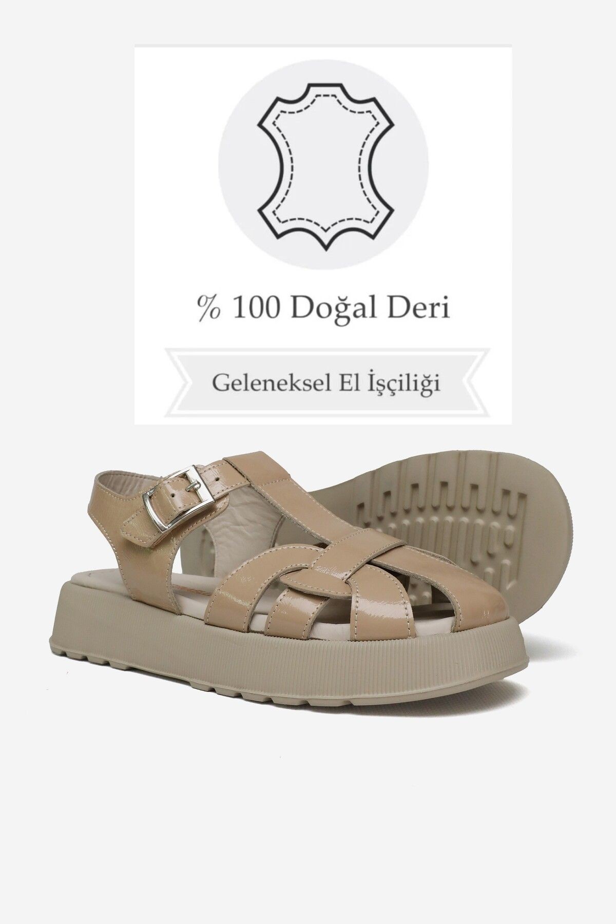 KADIN BEJ RUGAN HAKİKİ DOĞAL DERİ KISA TOPUKLU DÜZ SANDALET