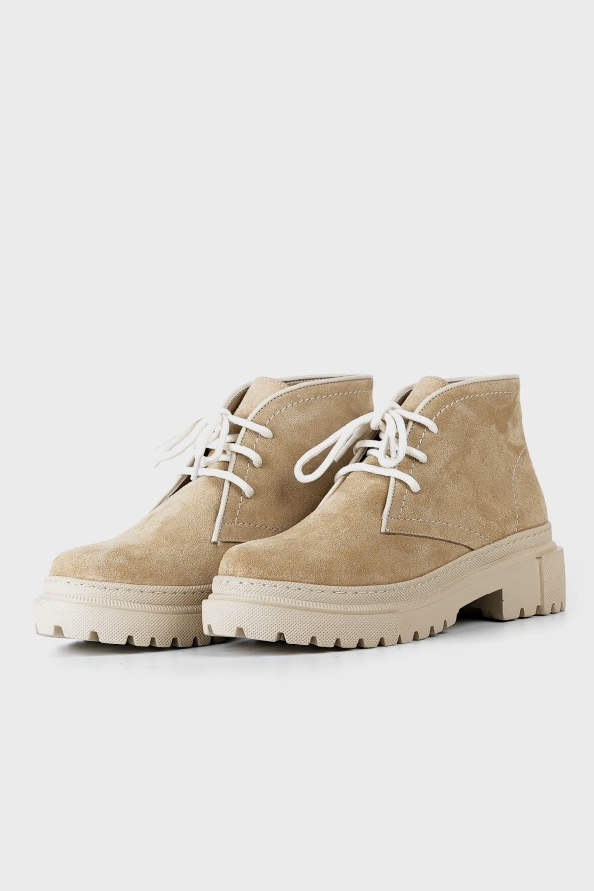 Kadın Bej Süet Hakiki Deri 35-41 Bağcıklı Bot & Bootie