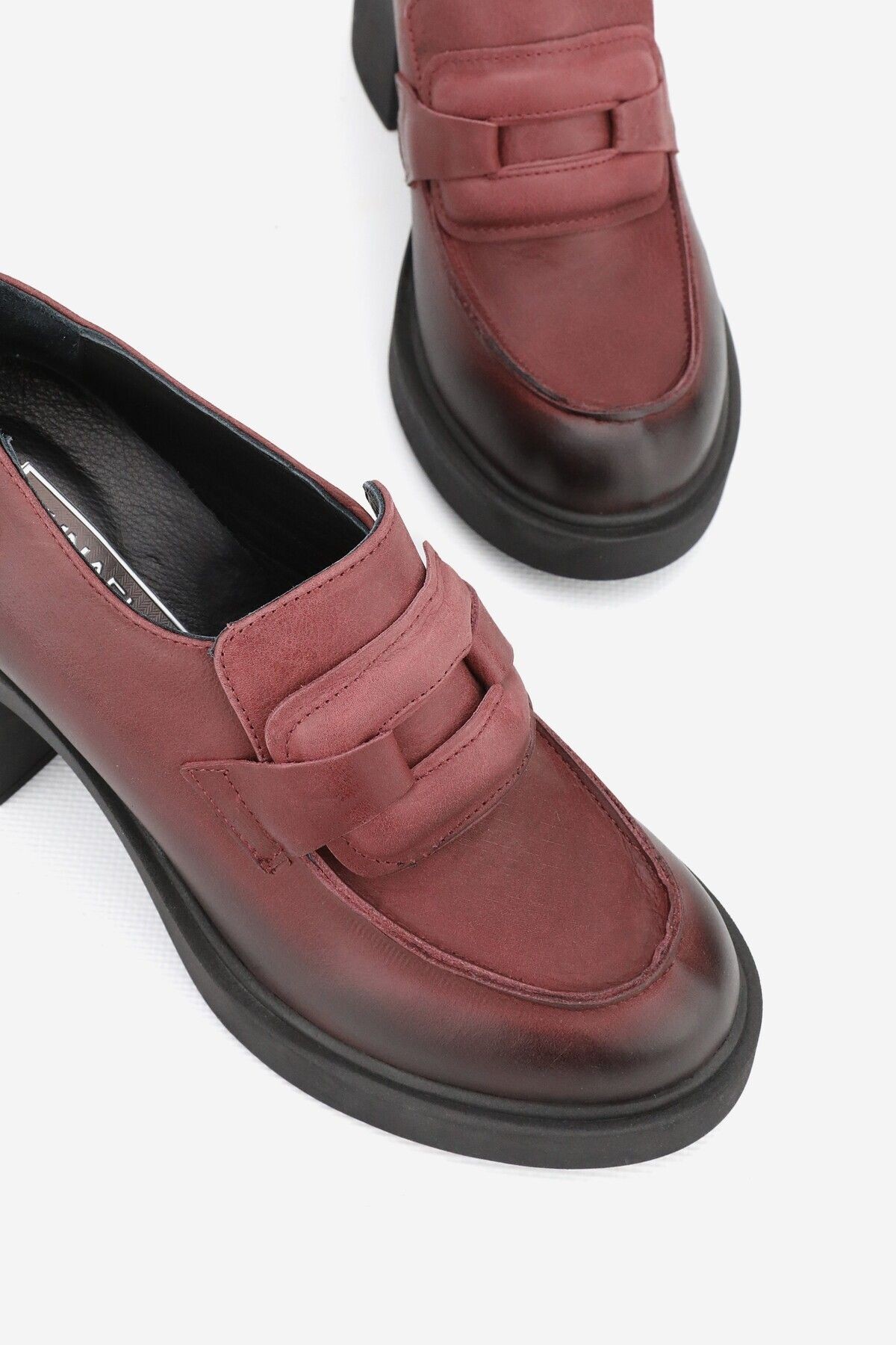 KADIN BORDO HAKİKİ DOĞAL DERİ 36-41 NUMARA YÜKSEK TOPUKLU LOAFER AYAKKABI