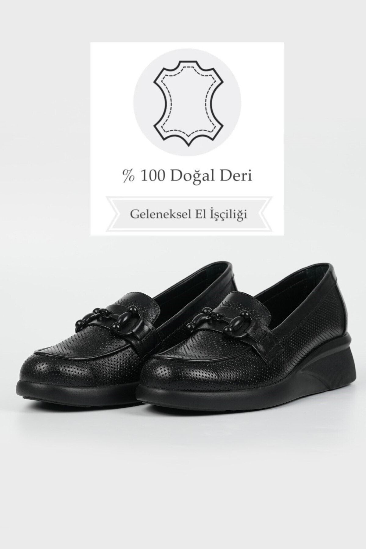 KADIN BEJ HAKİKİ DOĞAL DERİ TOKALI DOLGU TOPUKLU AYAKKABI