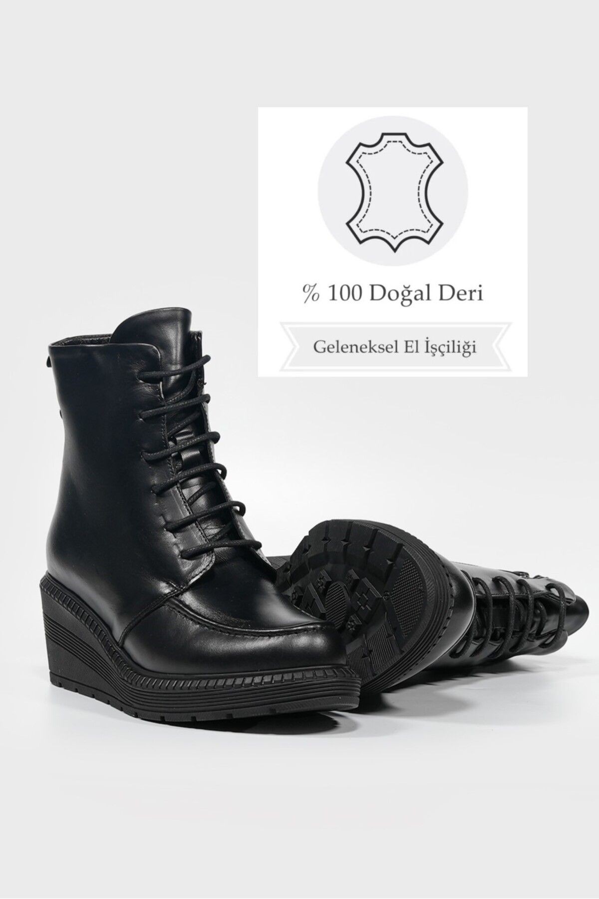 KADIN SİYAH HAKİKİ DERİ DOLGU TOPUKLU BAĞCIKLI BOT & BOOTİE