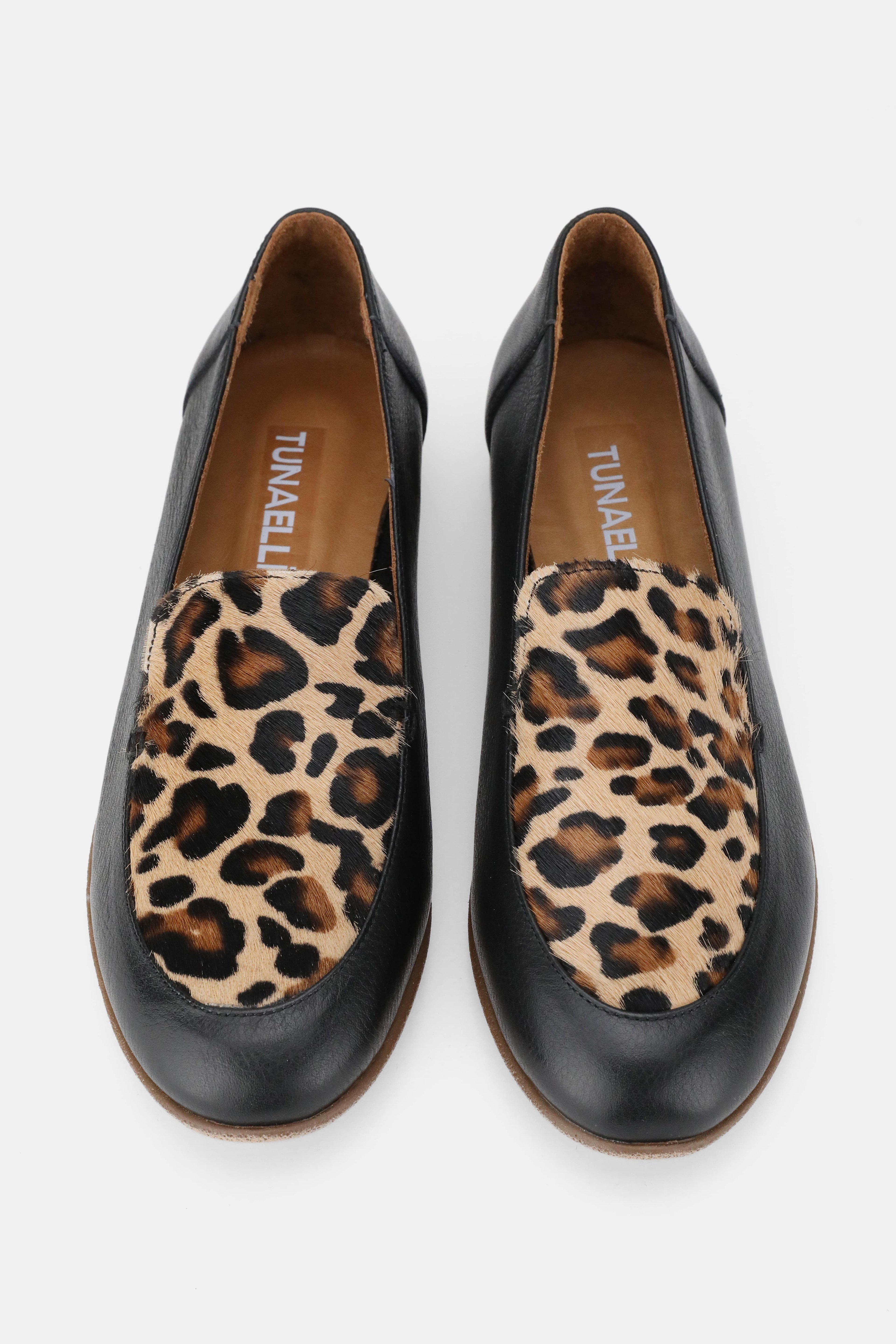 Tunaelli Siyah Deri Leopar Desenli Loafer Ayakkabı