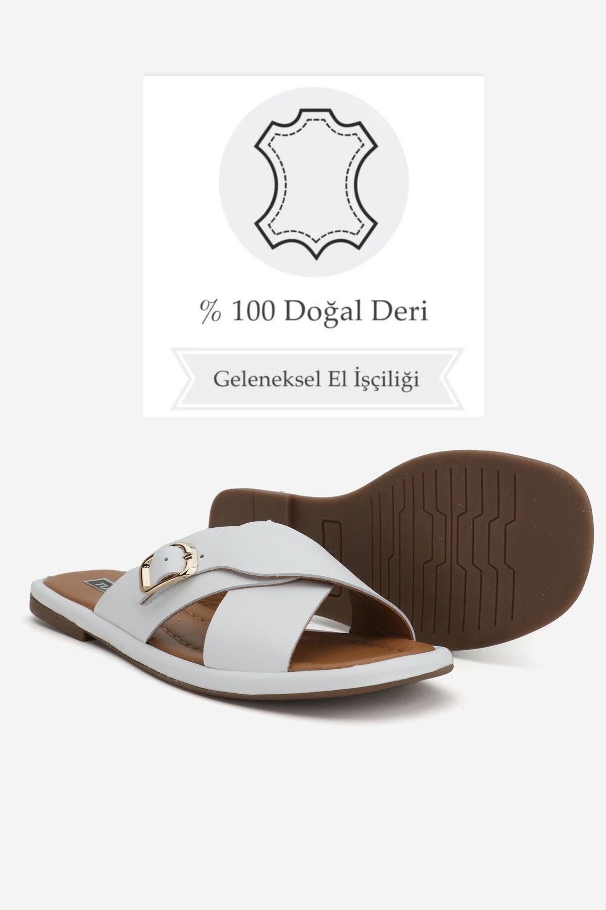 KADIN BEYAZ HAKİKİ DOĞAL DERİ TOKALI DÜZ TERLİK