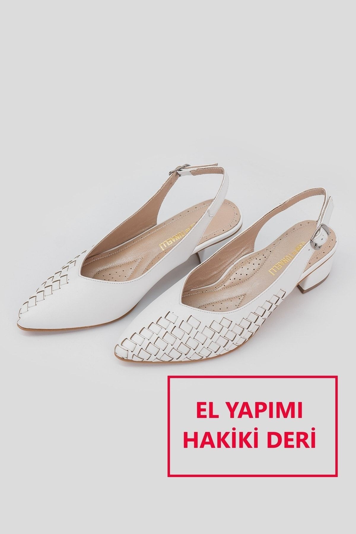 Kadın Bej Örgülü Hakiki Deri 35-41 Numara Topuklu Ayakkabı