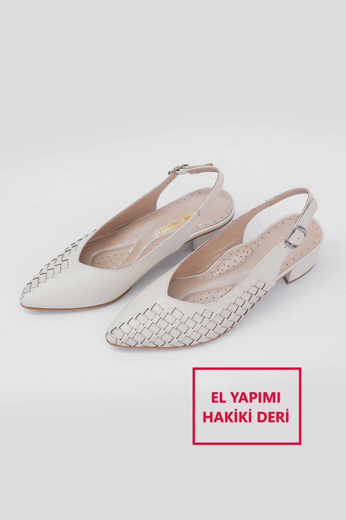 Kadın Bej Örgülü Hakiki Deri 35-41 Numara Topuklu Ayakkabı