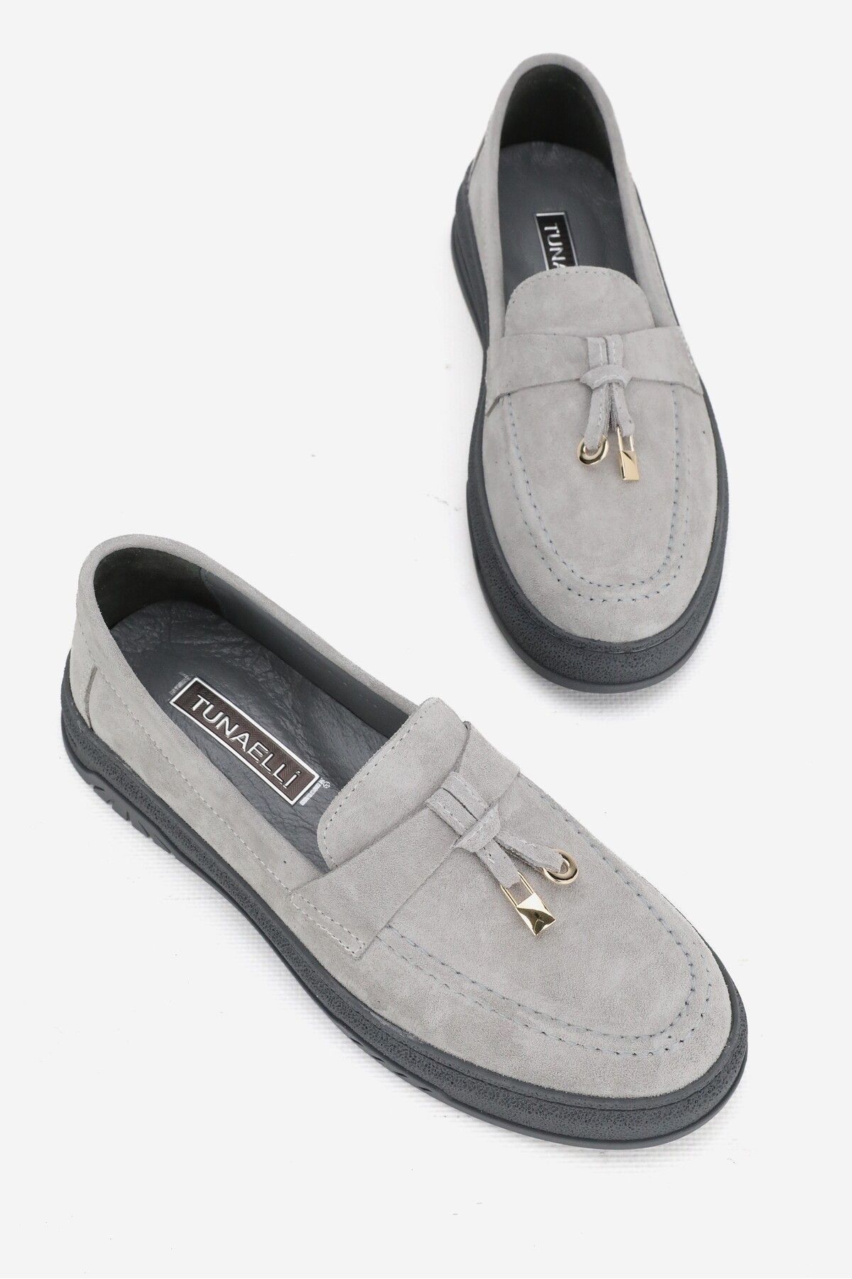 KADIN GRİ SÜET HAKİKİ DERİ 36-41 NUMARA DÜZ TOPUKLU LOAFER AYAKKABI