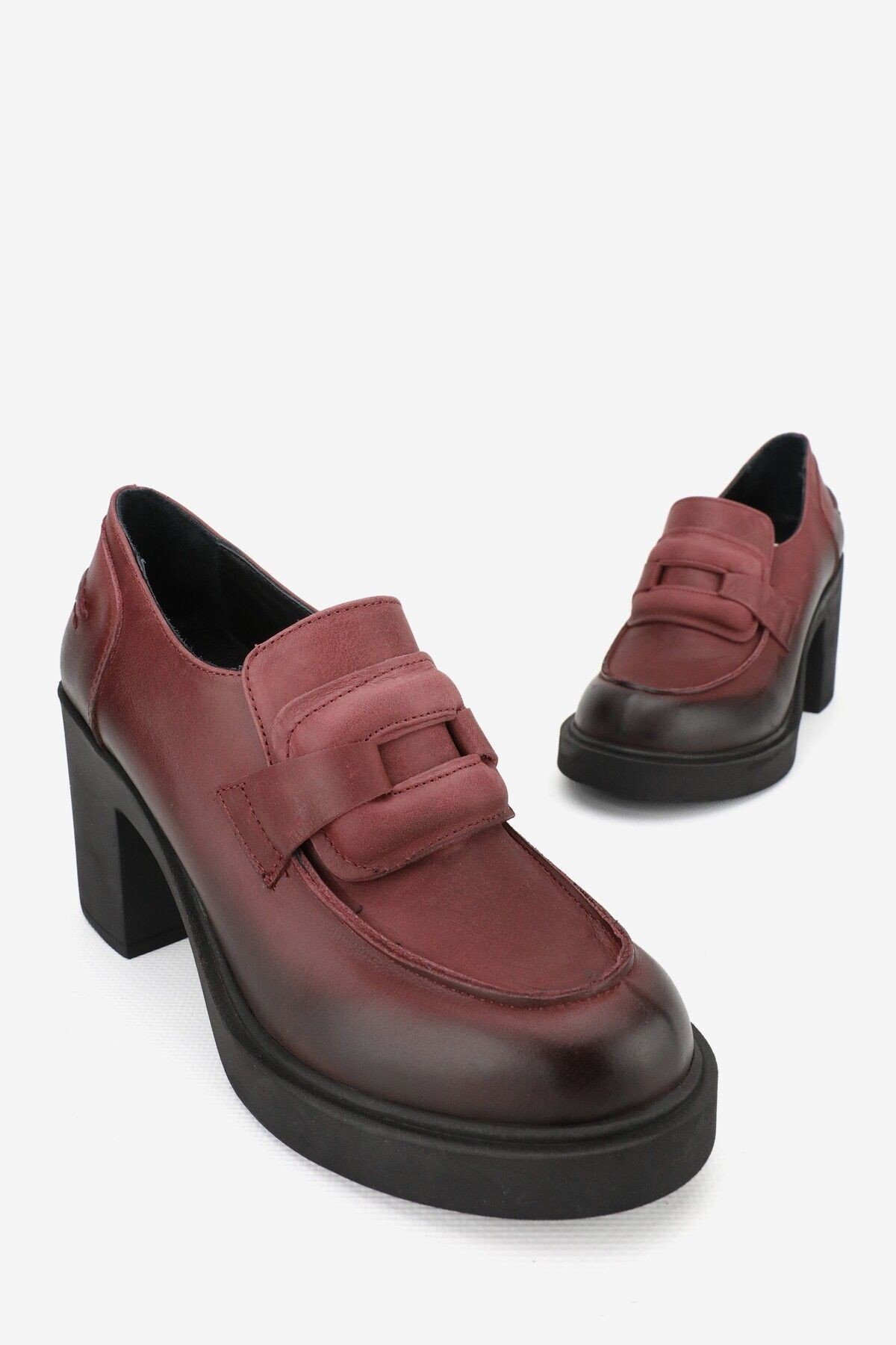 KADIN BORDO HAKİKİ DOĞAL DERİ 36-41 NUMARA YÜKSEK TOPUKLU LOAFER AYAKKABI