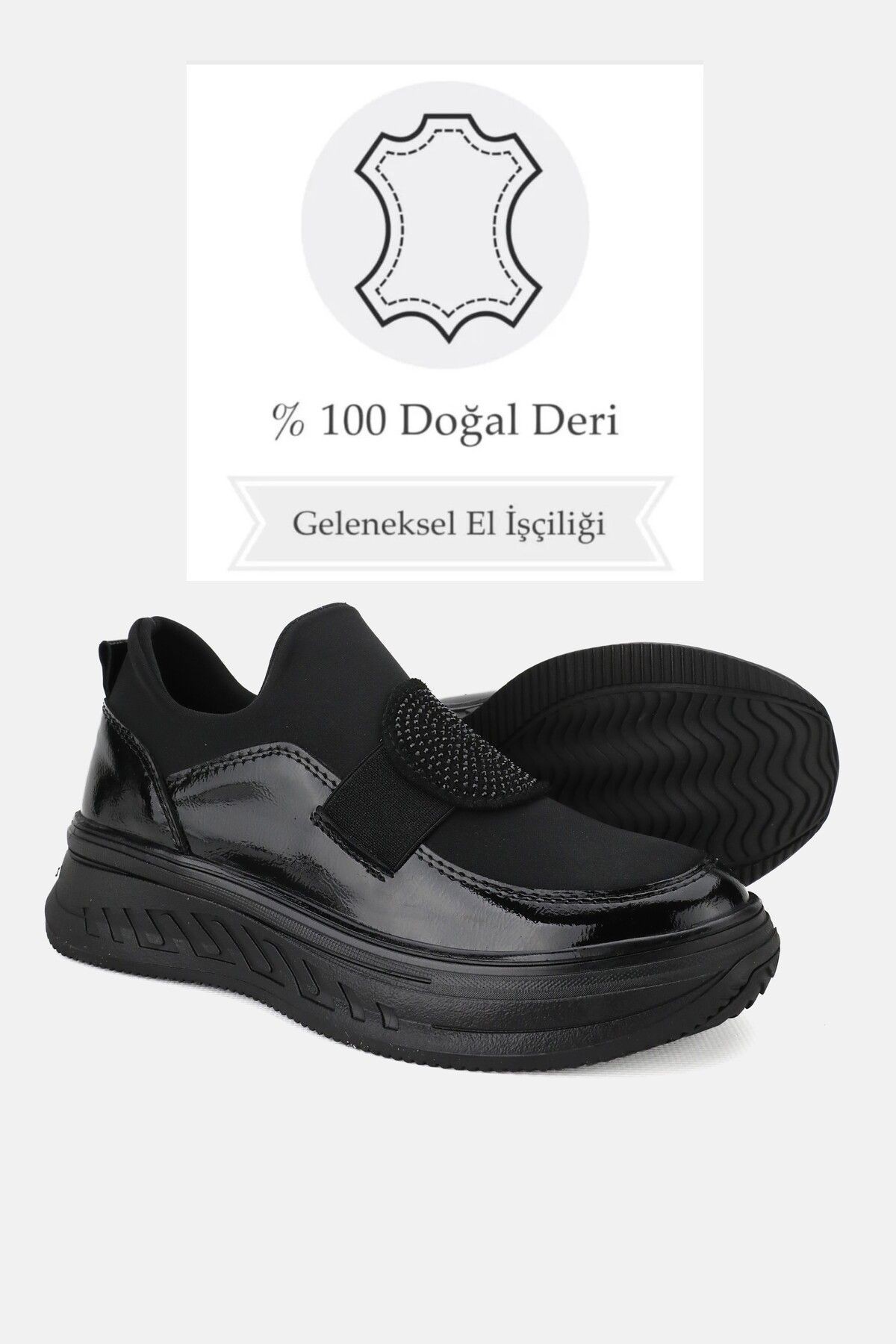KADIN SİYAH HAKİKİ DERİ 36-41 NUMARA LASTİKLİ ORTOPEDİK DOLGU TOPUKLU AYAKKABI