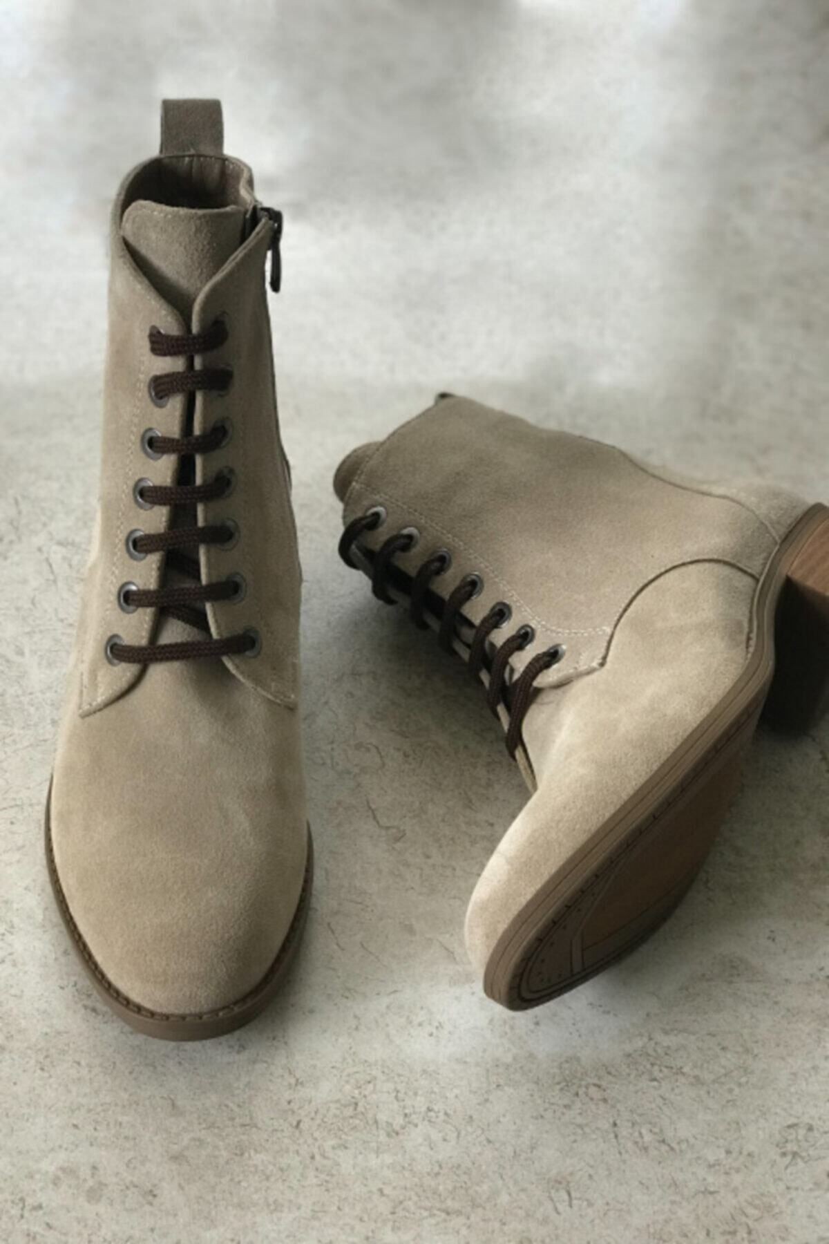 Kadın Bej Süet Hakiki Deri Bağcıklı Bot - Bootie