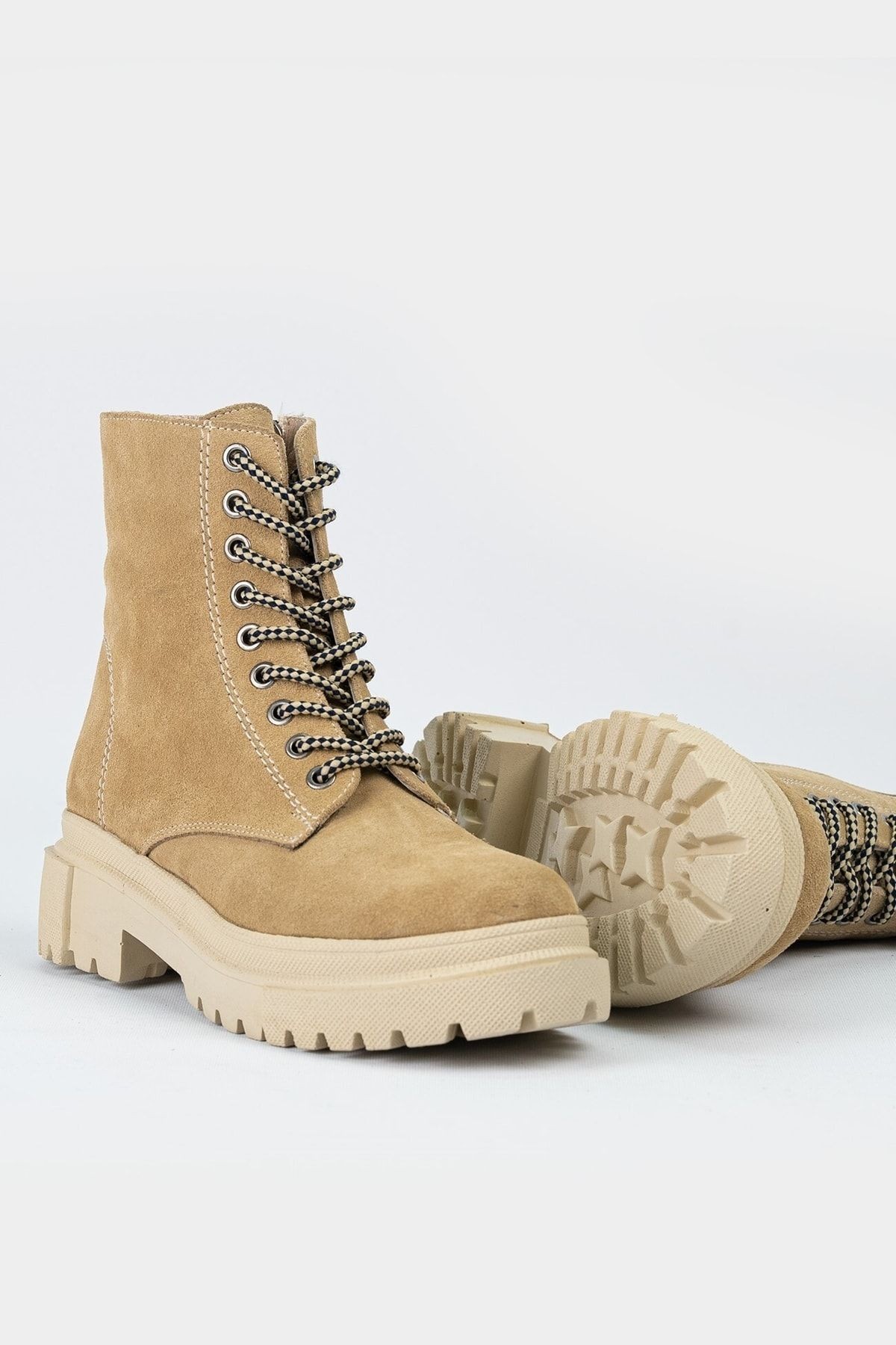 Kadın Bej Süet Hakiki Deri 35-41 Bağcıklı Bot & Bootie