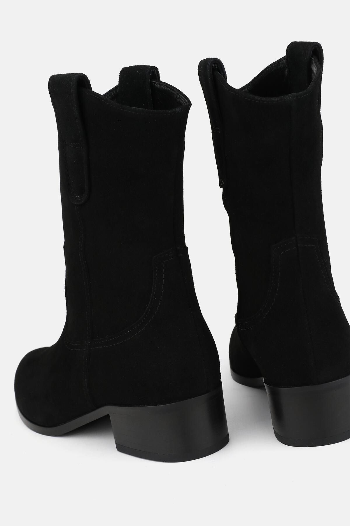 Kadın Siyah Süet Hakiki Deri 35-41 Numara Kısa Topuklu Western Bot & Bootie