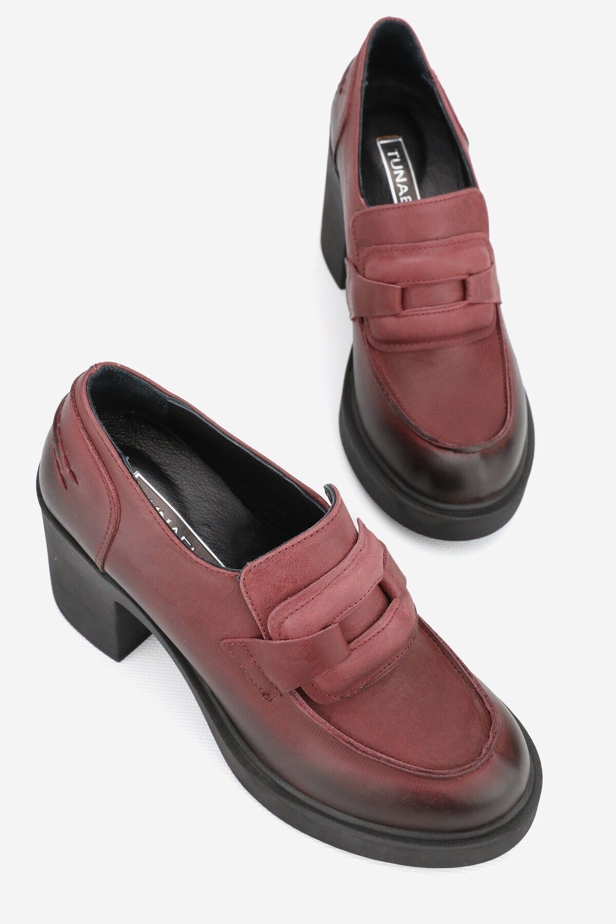 KADIN BORDO HAKİKİ DOĞAL DERİ 36-41 NUMARA YÜKSEK TOPUKLU LOAFER AYAKKABI