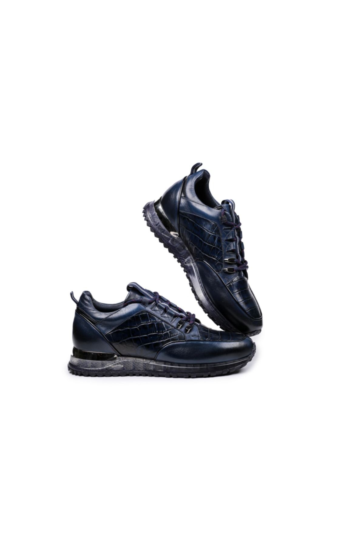 Lacivert - Tnl4864 Kroko Baskı Hakiki Deri Erkek Sneaker