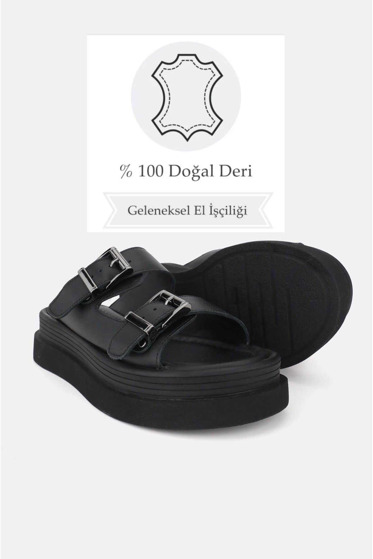 KADIN SİYAH HAKİKİ DOĞAL DERİ DÜZ DOLGU TOPUKLU TOKALI TERLİK
