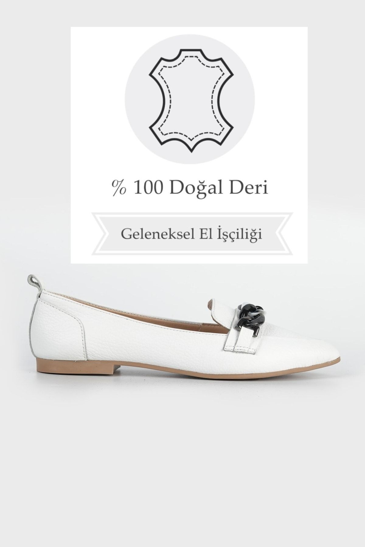 Kadın Beyaz Hakiki Doğal Deri 36-41 Numara Zincirli Babet