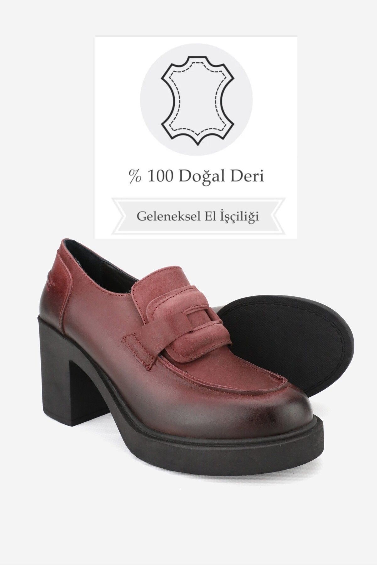 KADIN BORDO HAKİKİ DOĞAL DERİ 36-41 NUMARA YÜKSEK TOPUKLU LOAFER AYAKKABI