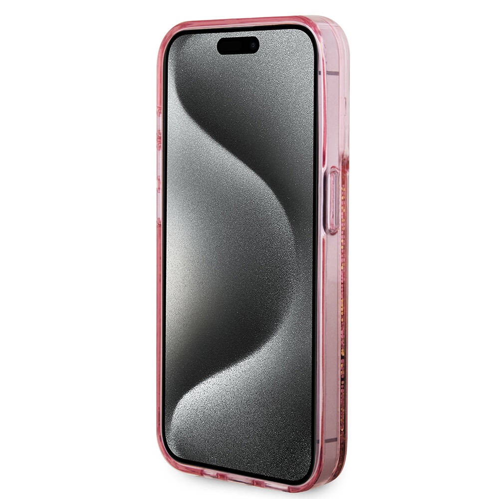 iPhone 15 Pro Kılıf Guess Orjinal Lisanslı Transparan Sıvılı Simli Altın Çizgili Kılıf