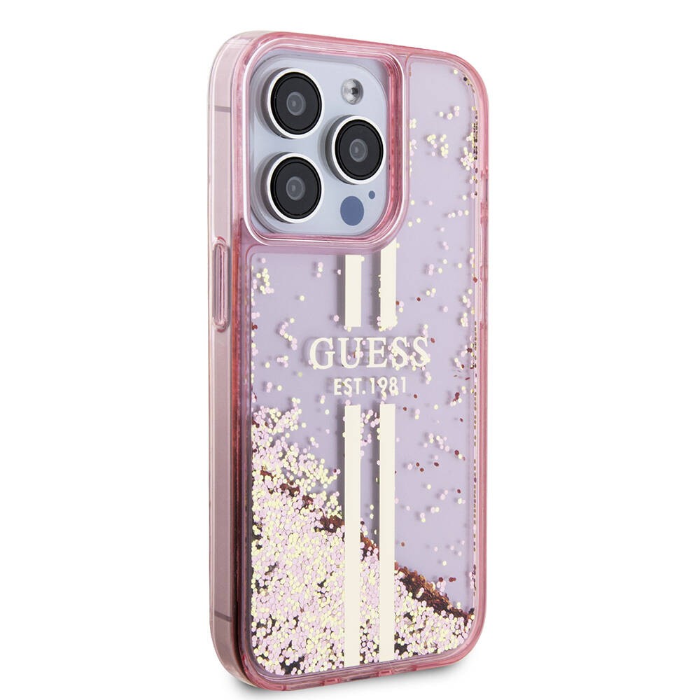 iPhone 15 Pro Kılıf Guess Orjinal Lisanslı Transparan Sıvılı Simli Altın Çizgili Kılıf