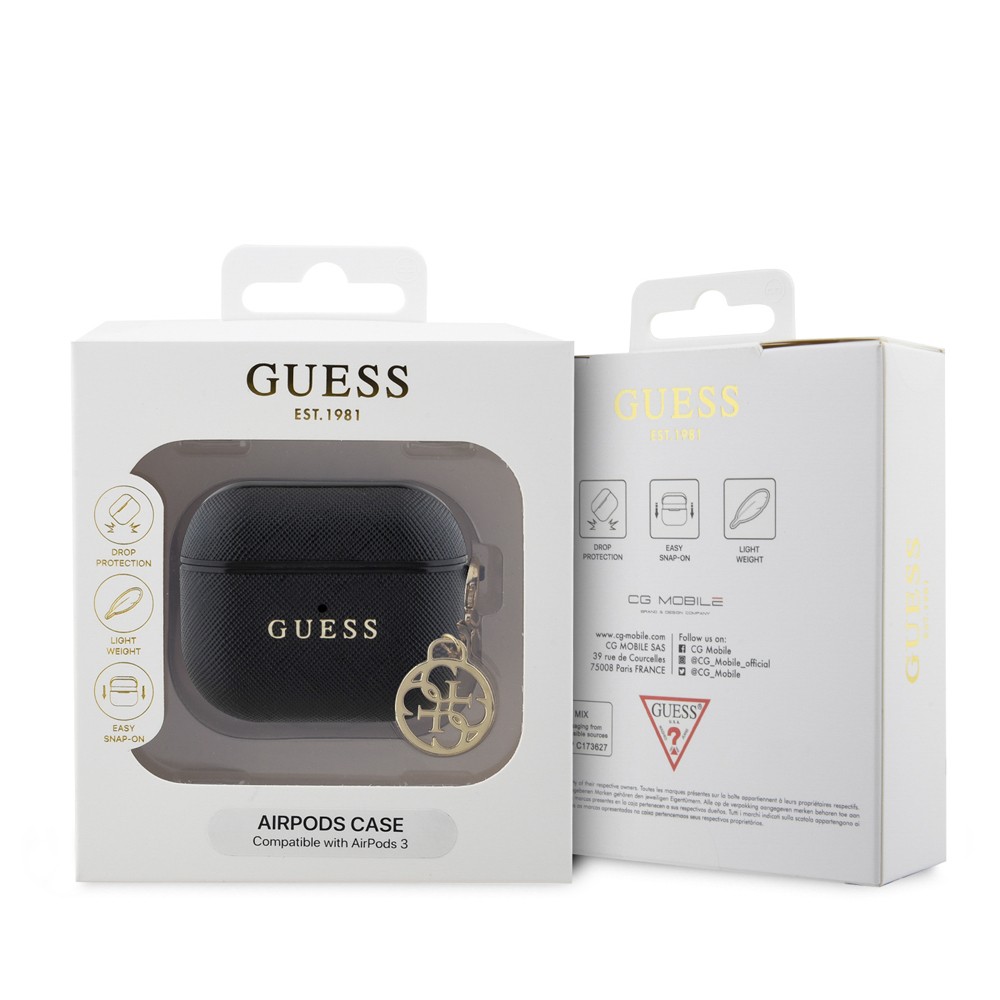 Airpods 3.Nesil Kılıf Guess Orjinal Lisanslı Dokulu 4G Yuvarlak Charm Saffiano Kılıf