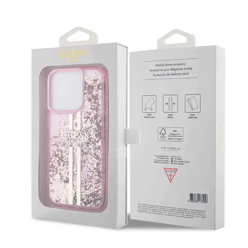 iPhone 15 Pro Kılıf Guess Orjinal Lisanslı Transparan Sıvılı Simli Altın Çizgili Kılıf