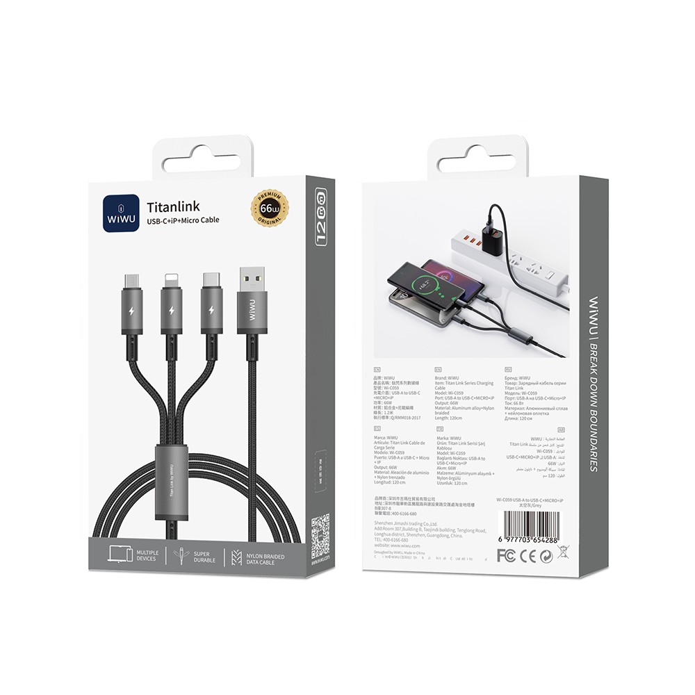 Wiwu Wi-C059 Titanlink Serisi 3in1 USB-A to Lightning – Type-C – Micro Örgülü Şarj ve Data Kablosu 66W 1.2m