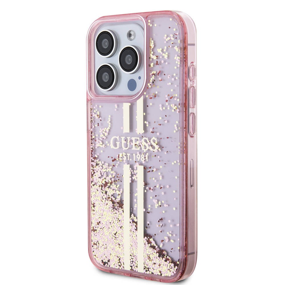 iPhone 15 Pro Kılıf Guess Orjinal Lisanslı Transparan Sıvılı Simli Altın Çizgili Kılıf