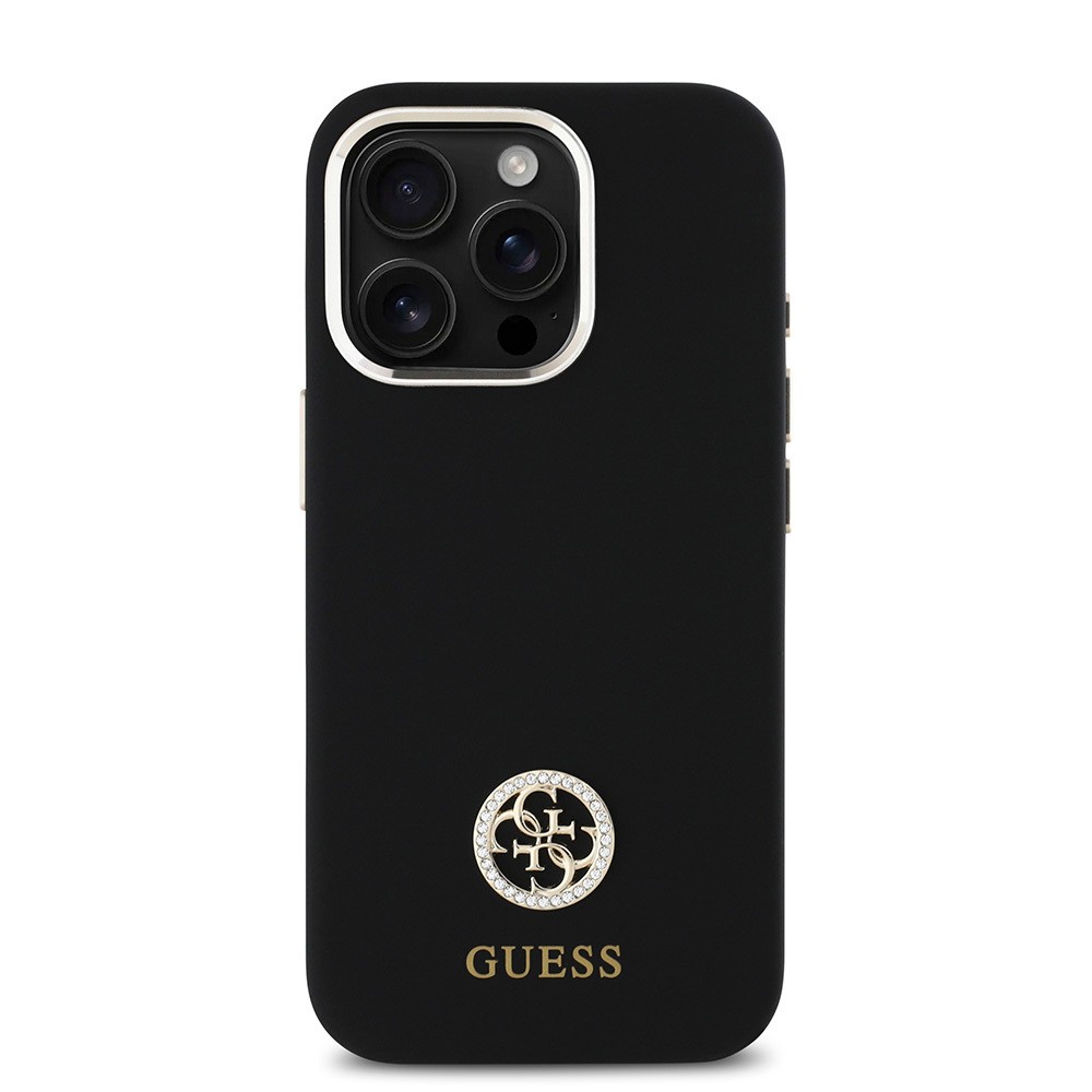 iPhone 16 Pro Kılıf Guess Orjinal Lisanslı Yazı ve Taşlı 4G Logolu Metal Kamera Çerçeveli Silikon Kılıf