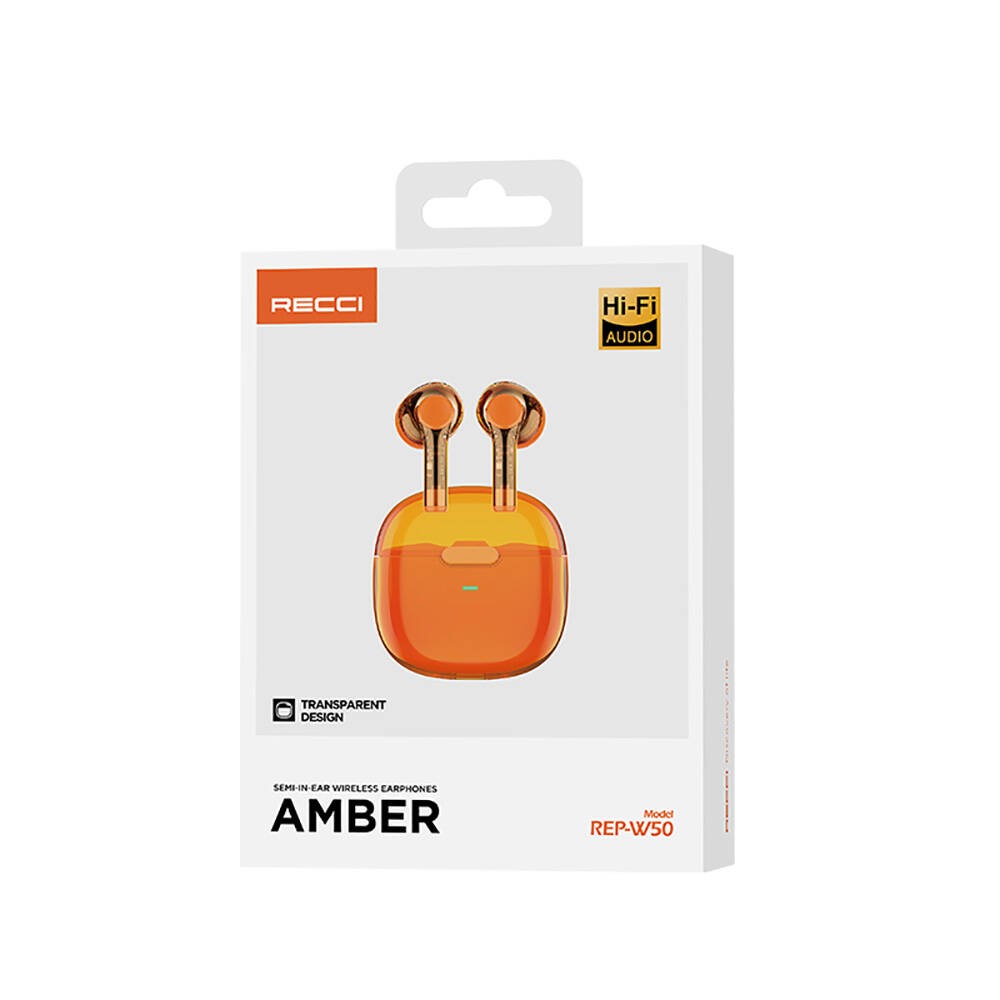 Recci REP-W50 Şeffaf Tasarım Hi-Fi Ses Kaliteli Bluetooth v.5.3 Amber Serisi Kulak İçi Kulaklık