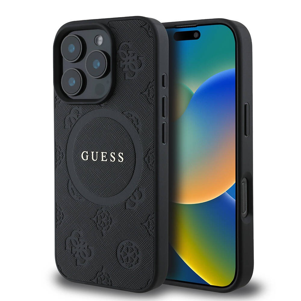 iPhone 16 Pro Kılıf Guess Orjinal Lisanslı Magsafe Şarj Özellikli Yazı Logolu Saffiano Peony Kılıf