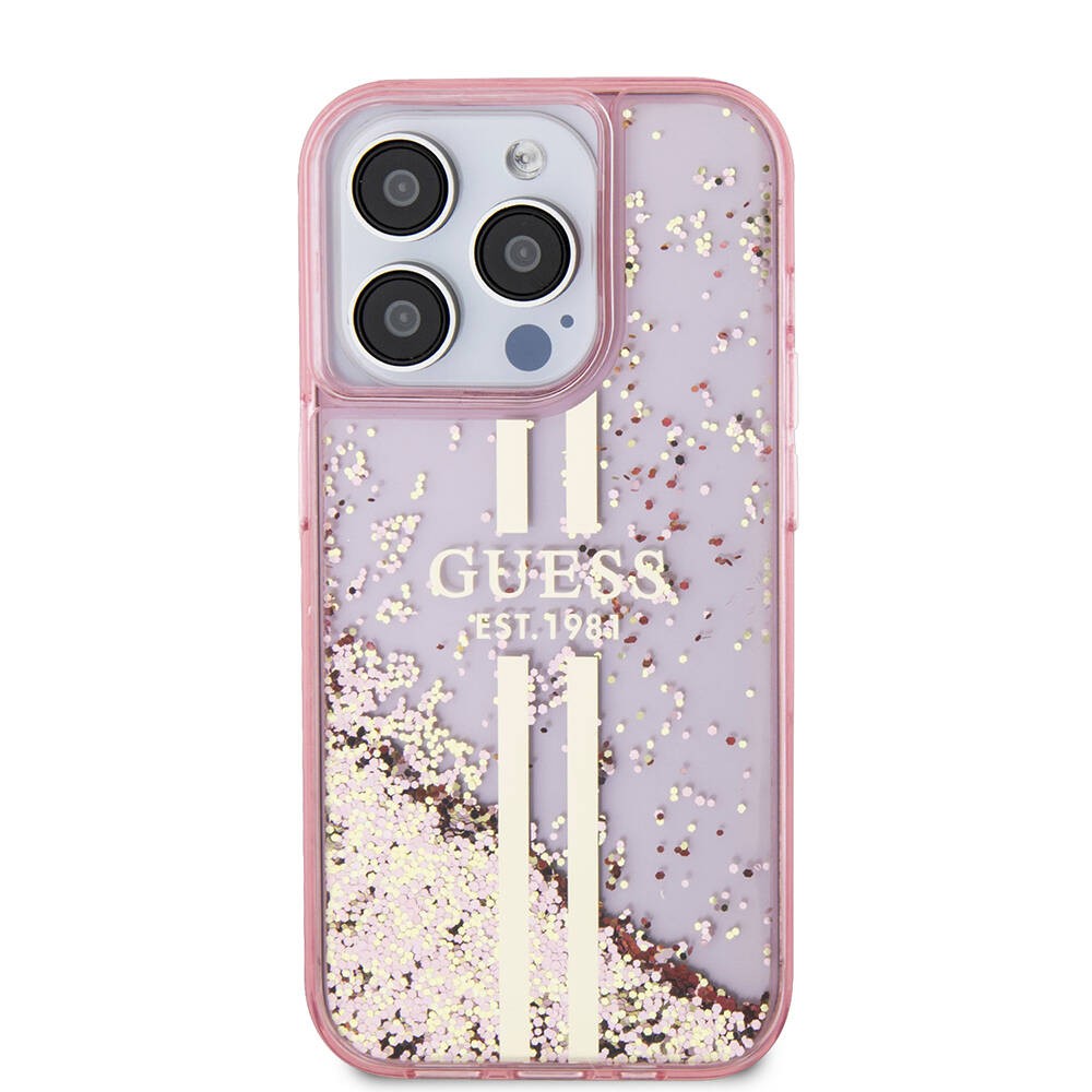 iPhone 15 Pro Kılıf Guess Orjinal Lisanslı Transparan Sıvılı Simli Altın Çizgili Kılıf