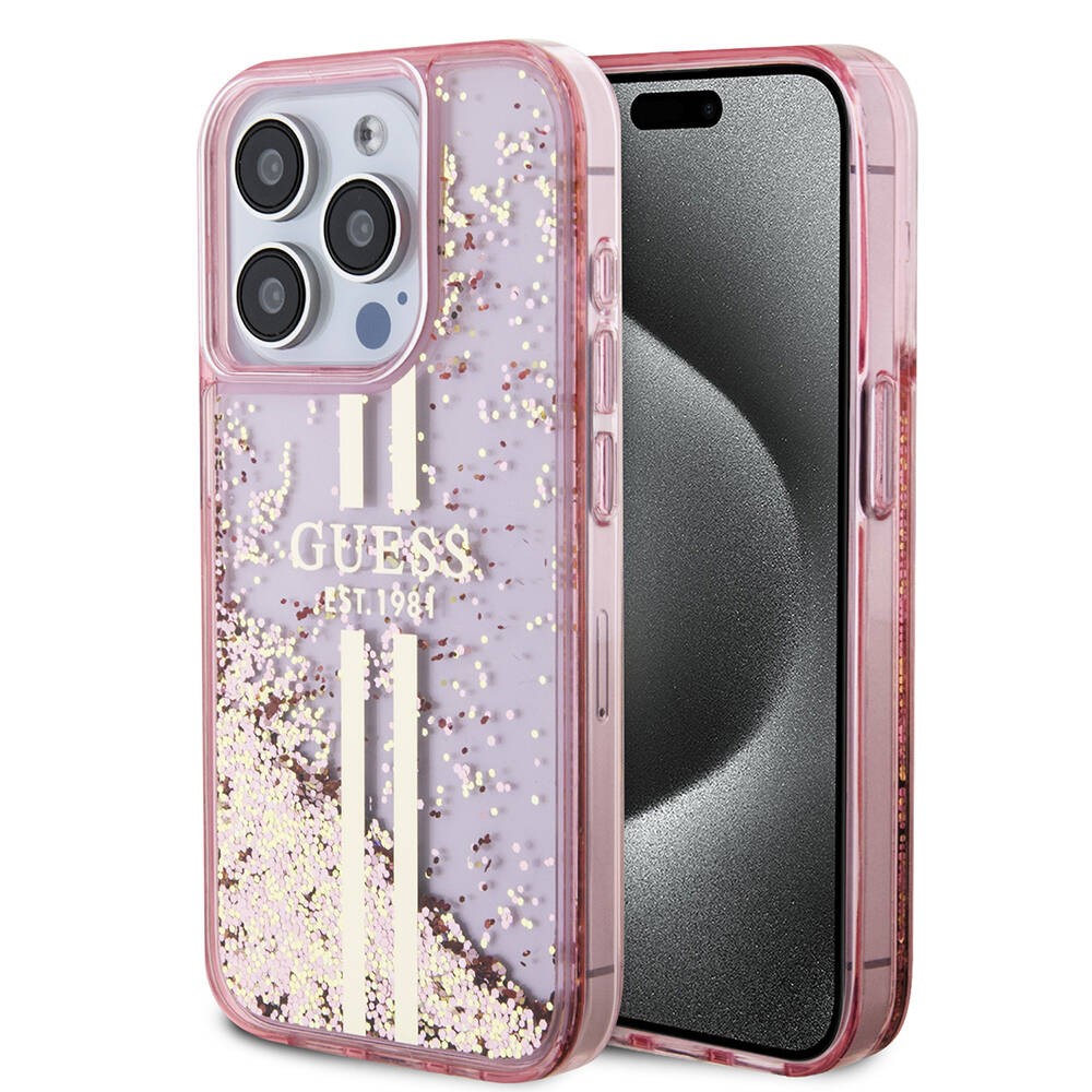 iPhone 15 Pro Kılıf Guess Orjinal Lisanslı Transparan Sıvılı Simli Altın Çizgili Kılıf