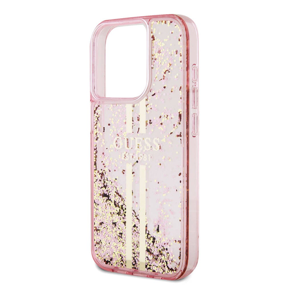 iPhone 15 Pro Kılıf Guess Orjinal Lisanslı Transparan Sıvılı Simli Altın Çizgili Kılıf