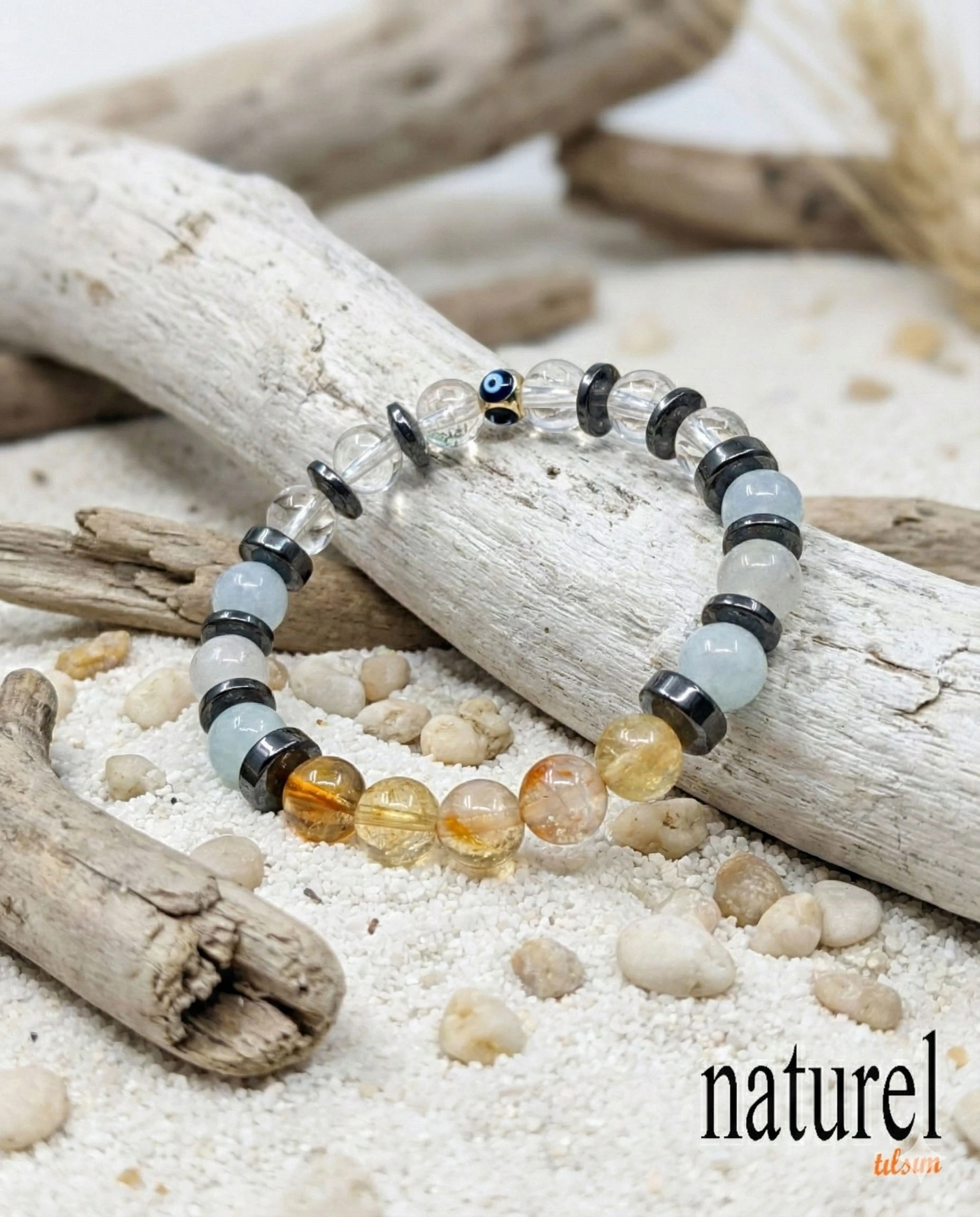 Orijinal İkizler Burcu Doğal Taş Bileklik | Kristal Kuvars-Akuamarin-Sitrin