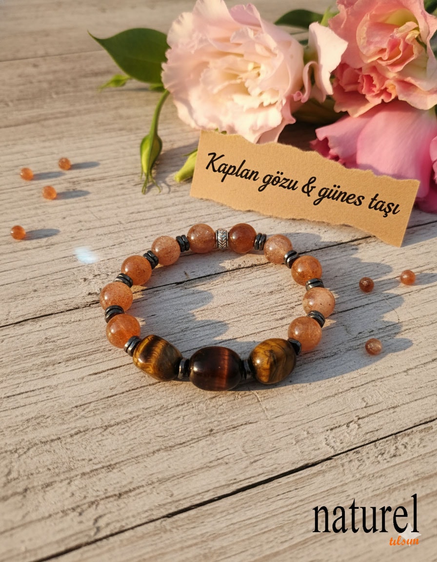 Güneş Taşı & Kaplan Gözü 10mm Doğal Taş Bileklik
